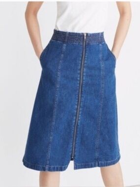 Madewell Denim A-Line Midi Skirt Front Zip Cotton Linen Size 29